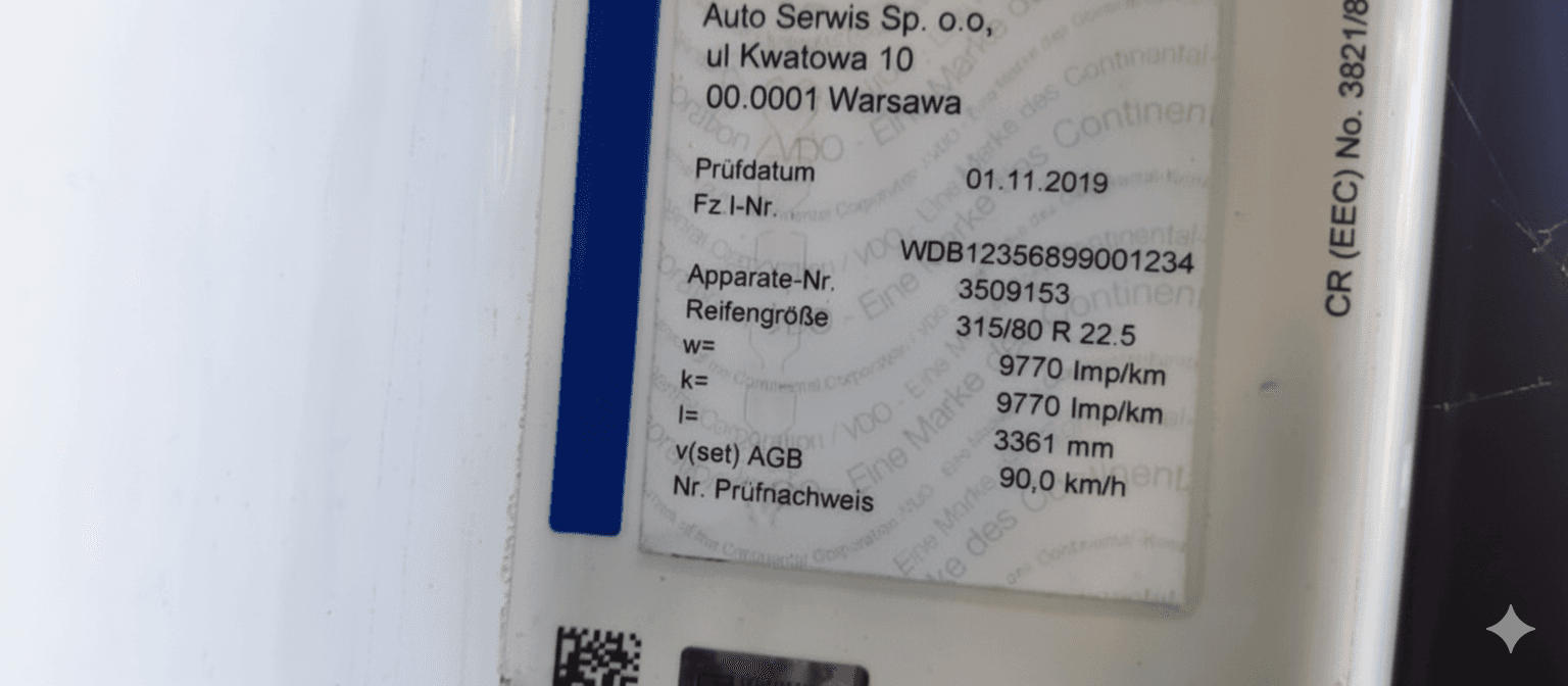 Tabliczka pomiarowa tachografu z danymi kalibracyjnymi