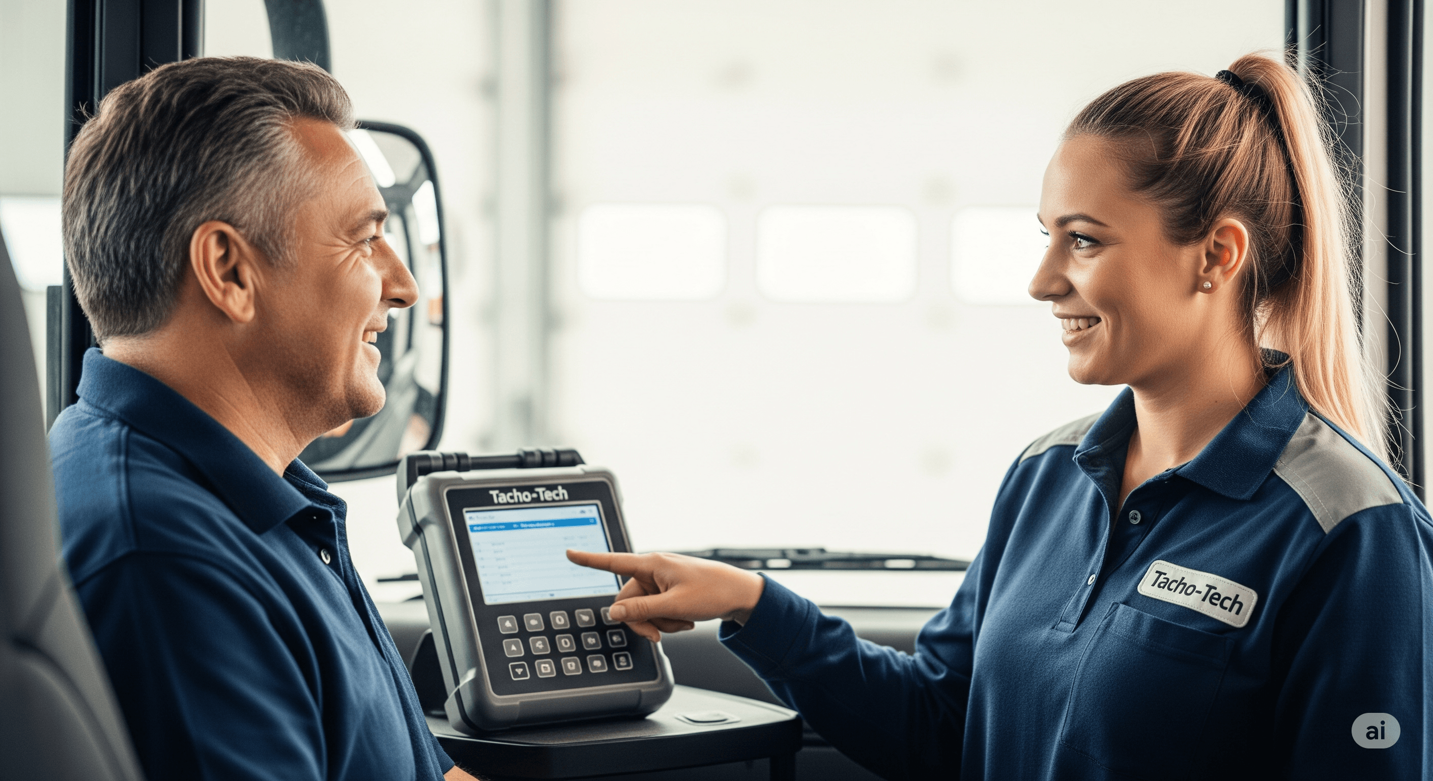 Technik dokonujący naprawy tachografu w autoryzowanym serwisie